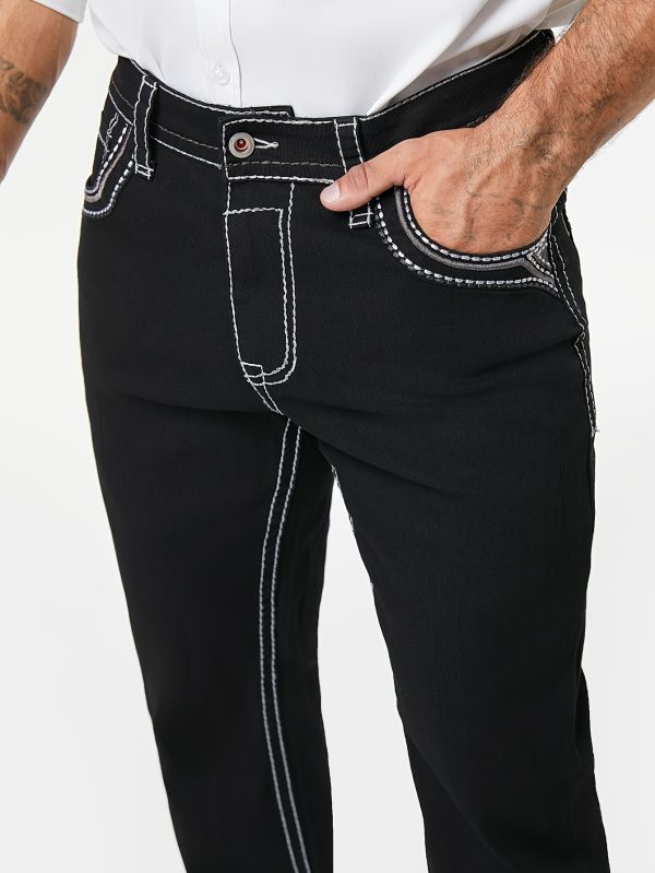 men's casual black denim jeans with details, comfortable mid rise, loose fit, machine washable, perfect for casual attire