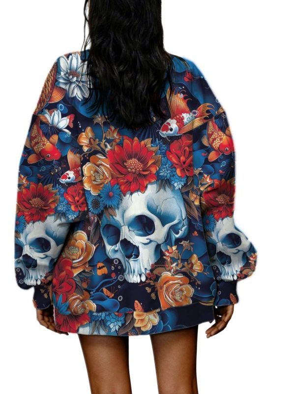 women's gothic floral & skull print streetwear jacket all season breathable mid length coat with stand collar, redu002fblue ethnic harajuku style, machine washable casual outerwear for hip hop fashion & layering (skull & floral pattern)
