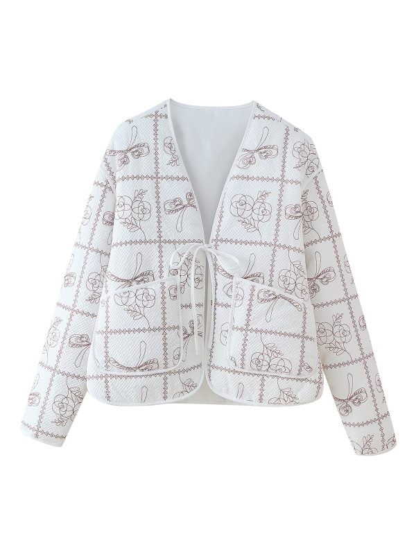 women's floral print jacket, loose and versatile, with a textured open collar, casual and warm top