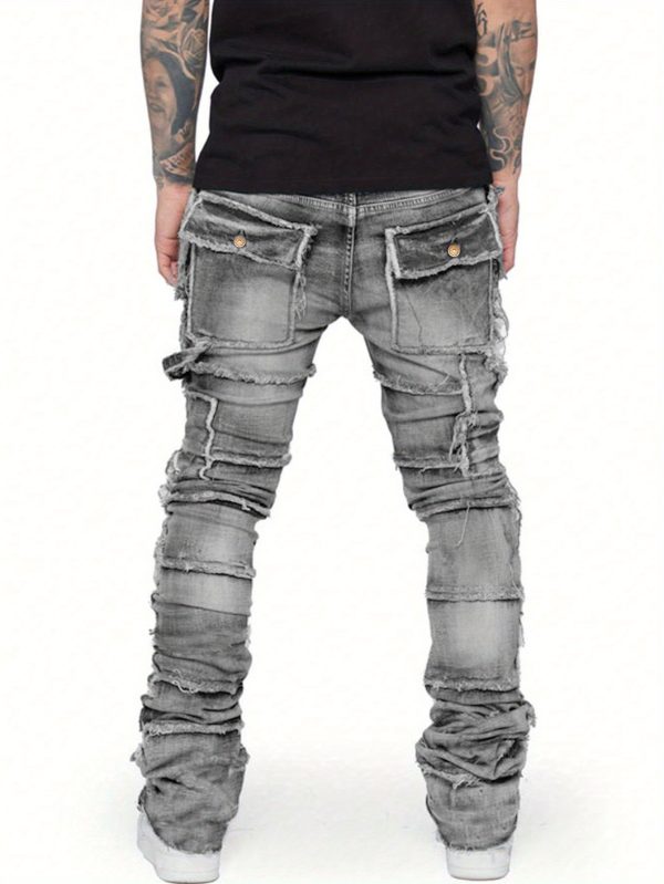 men's workwear style grey denim straight leg pants with hand stitched frayed edges & elasticated large pocket slim fit streetwear jeans with layered leg cuffs, all season comfort for casual & work outfits (hand washable)
