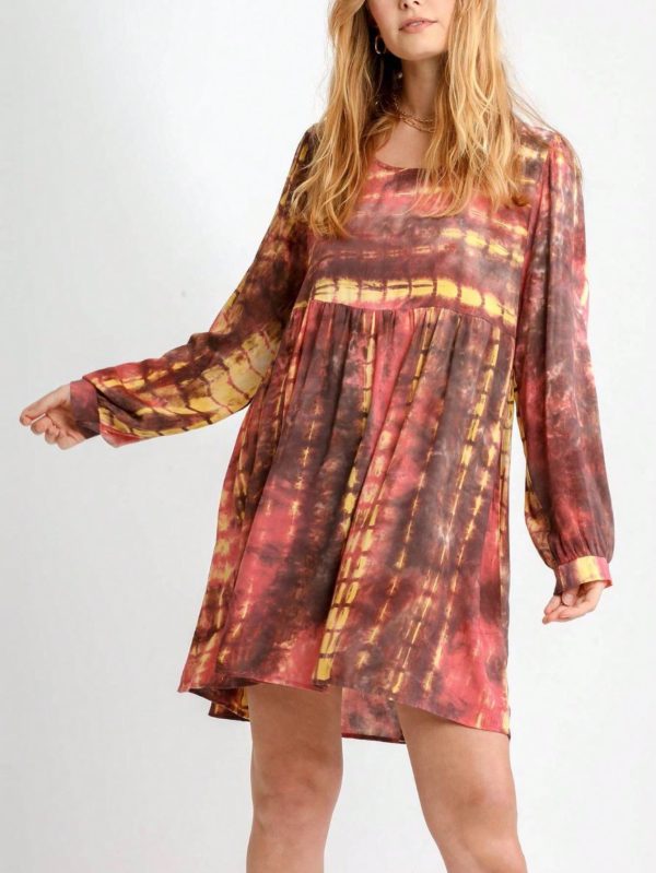 womens casual boho chic tie dye pattern empire waist babydoll mini dress yellow brown pink long balloon sleeve round neck loose flowy fall spring daily wear