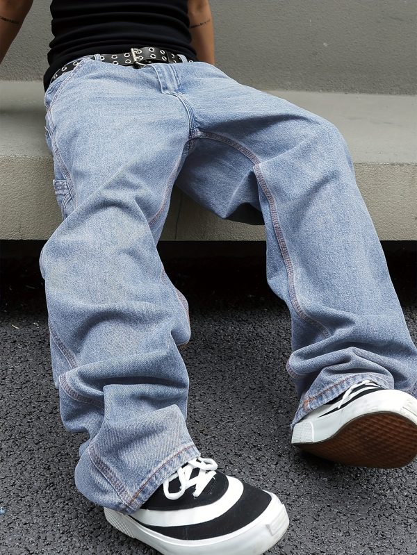 men's vintage carpenter jeans y2k streetwear loose fit wide leg cargo denim with geometric pattern, mid rise, machine washable & super long length for all season casual wear, urban fashion, retro style, classic wash, urban style