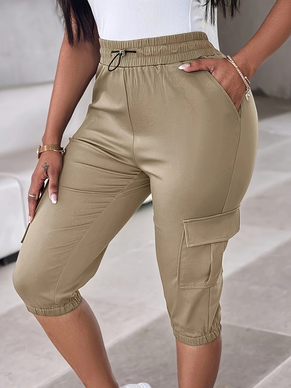 3pcs women's cargo pants with adjustable drawstring waist casual short length, side pockets, solid color, all season comfort fit, casual wear pants | adjustable drawstring pants | functional pockets