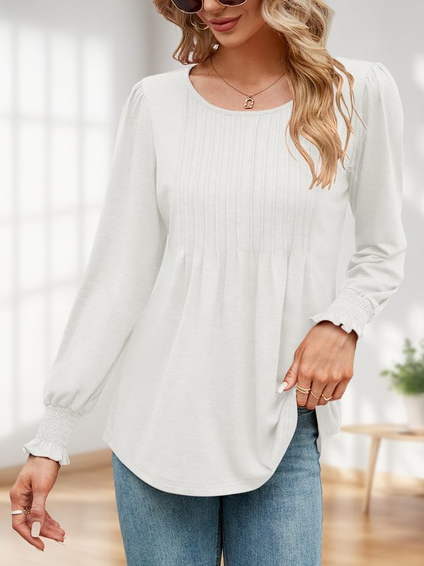 women's autumn puff long sleeve tunic tops pleated crew neck shirts blouses casual loose t shirts
