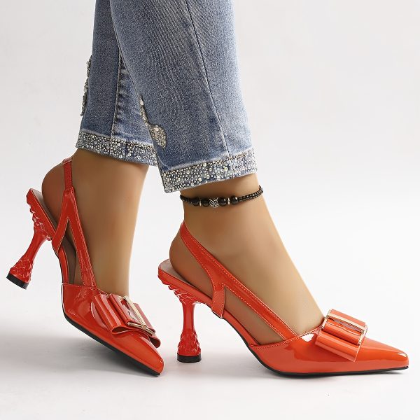 women's elegant bow decorated pointed toe sandals with ultra high pineapple heel slip on rear ankle strap, vibrant orange synthetic cover, lightweight tpu sole for office & party summer footwear, evening wear, stylish finish, fashion lovers