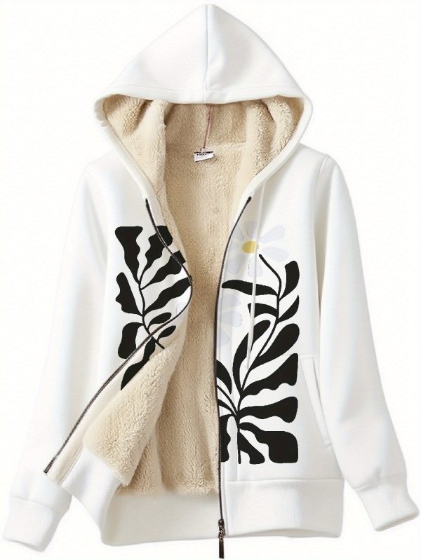 women's casual sherpa lined hoodie jacket with vibrant zebra & floral print, full zip up, white, all season comfort, casual outerwear | floral print hoodie | sherpa lined jacket