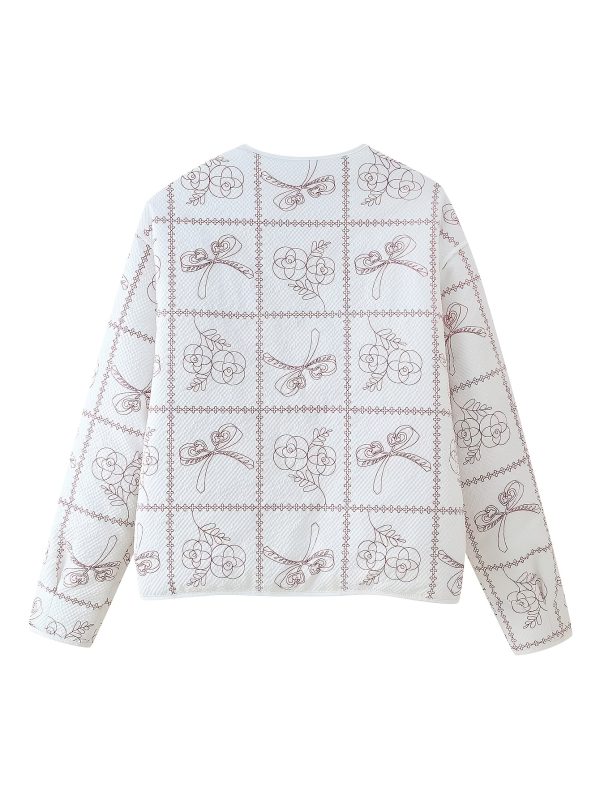 women's floral print jacket, loose and versatile, with a textured open collar, casual and warm top