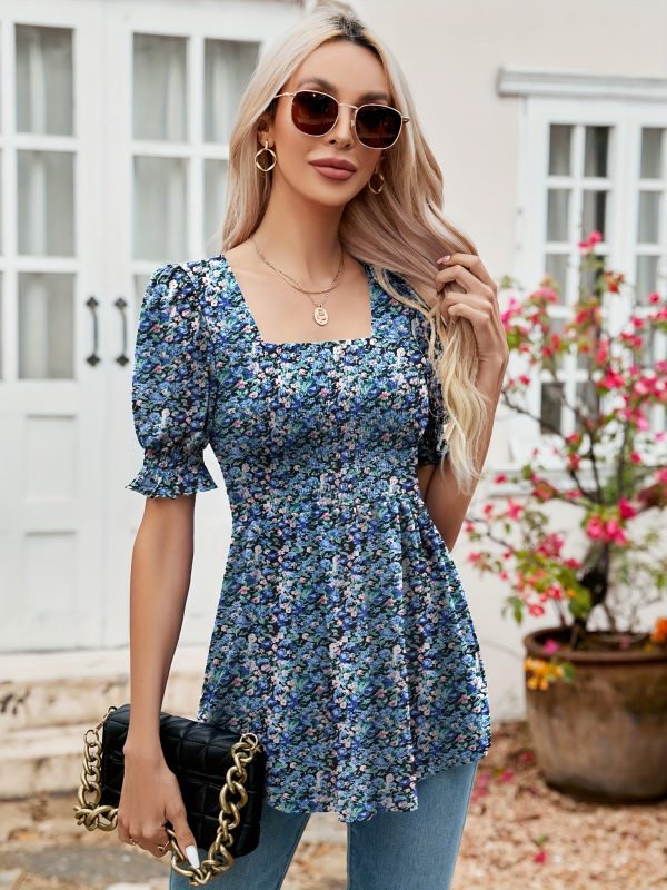 women's tunics square neck puff short sleeve smocked top ladies peplum blouse tee shirts 2024 spring summer s xl