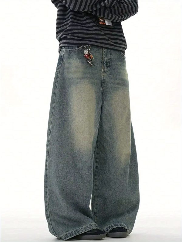 men's loose straight leg wide leg jeans, sea blue casual american street style pants, comfortable cut, suitable for daily wear i