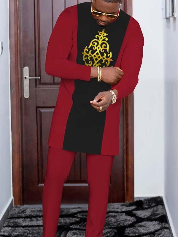 men's casual long sleeved two piece suit mid length top and trousers