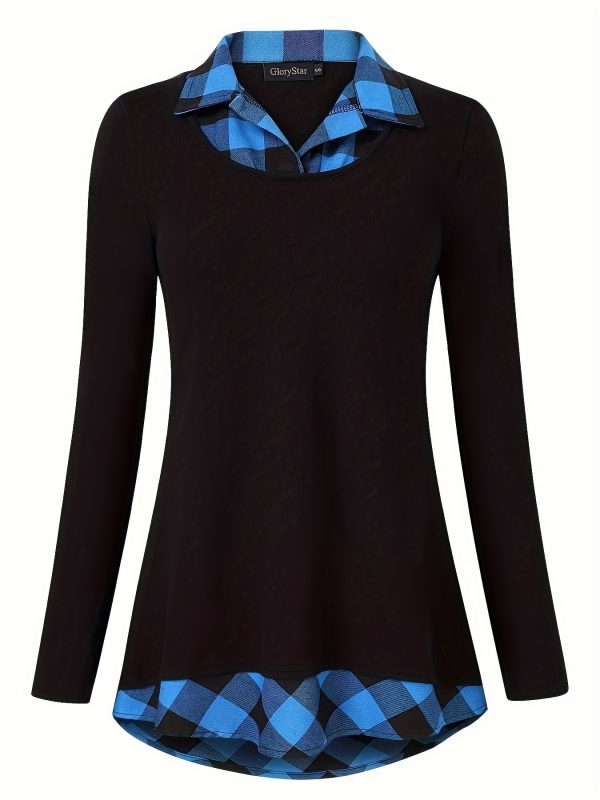 color block lapel neck blouse, casual long sleeve blouse for spring & fall, women's clothing