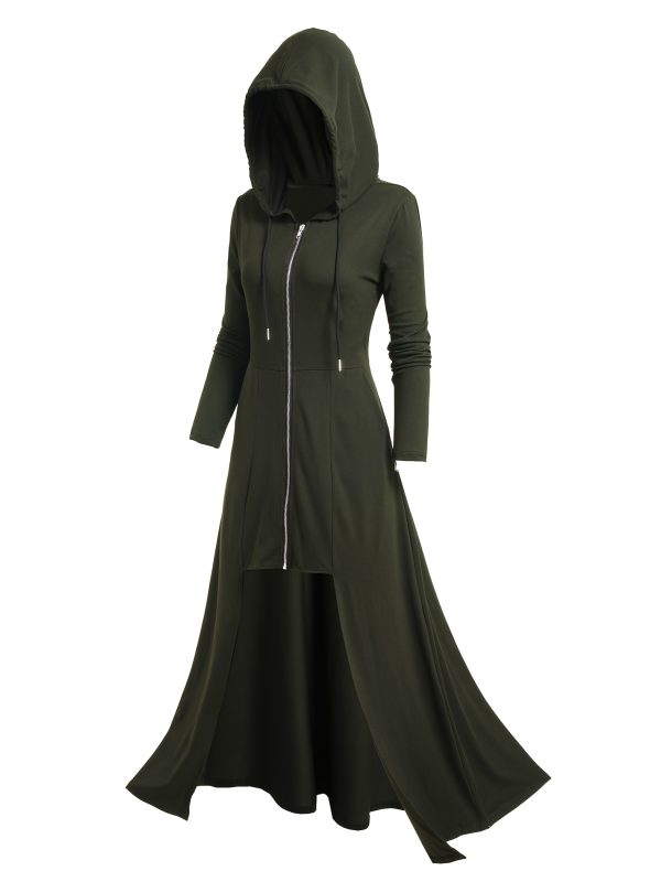 women's gothic hooded zip up jacket long formal coat with full zip closure, elegant gothic outerwear for halloween, cosplay, everyday easy care hand washable women's clothing, goth accessories
