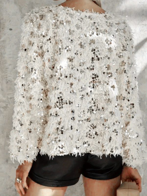 women's y2k sparkling sequin sweater with tassel hem & fringe sleeve details loose fit crew neck long sleeve pullover, all season party & everyday winter fall tops (hand washu002fdry clean) no stretch fabric