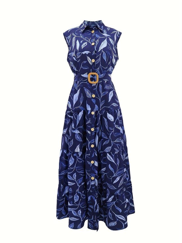 women's casual sleeveless a line dress with button front waist & belted waist navy blue floral print, lightweight summer vacation dress for beach, pool, or casual outings, beach dresses, poolside attire, nontransparent fabric
