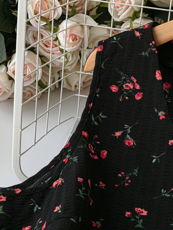 women's v neck sleeveless a line dress with ruffled hem & front button closure striped decal print, black with red floral patchwork, machine washable casual to dressy all season dress, versatile fashion, structured design, nontransparent fabric