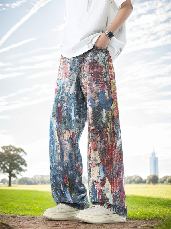 men's graffiti jeans with splashed ink and camouflage design, straight leg pants, comfortable, versatile, casual, high quality, abrasion resistant long trousers