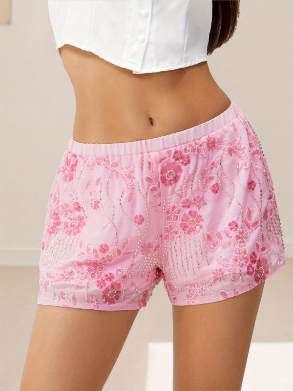 women's y2k sequin mini shorts with beaded floral embellishments & lace trim elastic waist loose fit casual summer streetwear shorts, cute shorts