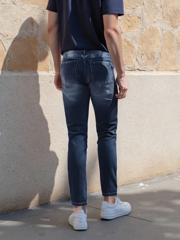 men's skinny high waisted stretch denim jeans lightweight ripped distressed blue washed pants with white torn details, all season casual streetwear trousers for men, machine washable slim fit jeans