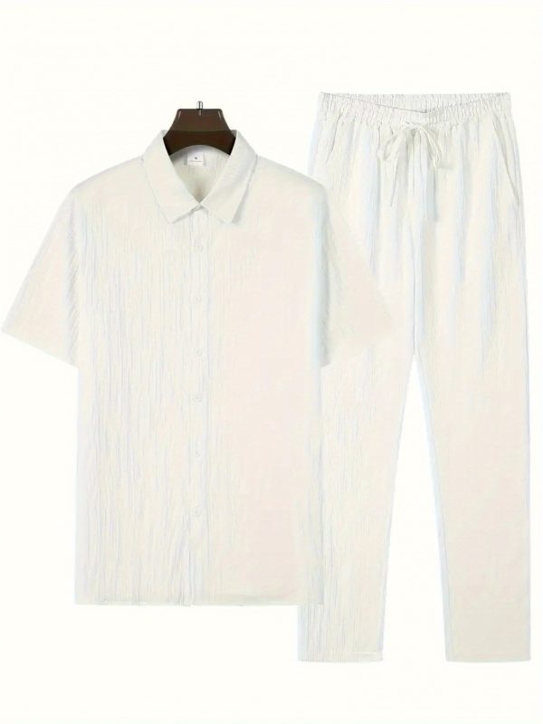 mencasual stripes short sleeve sports suit, button shirt collar and elastic waistband pants, made of polyester textile elastic fiber blend, summertwo piece set, belt detail