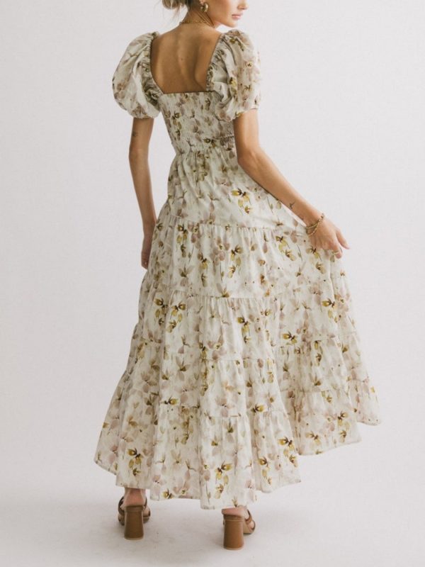 summer puff sleeve waist pleated elegant slim dress perfect for everyday vacation seaside parties