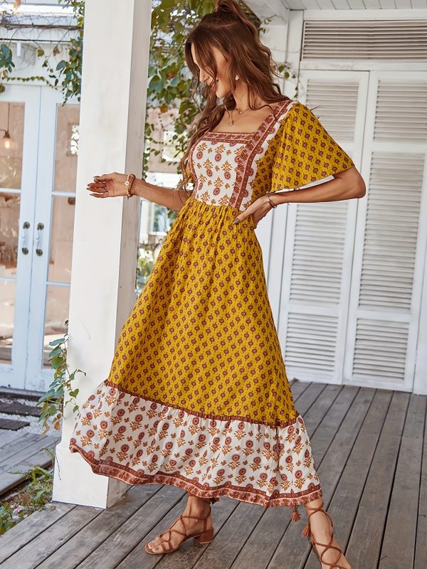 french printed square neck dress