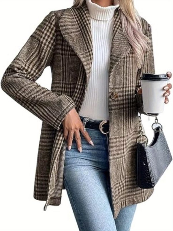 women's slim fit plaid coat casual long sleeve button up with lapel collar, brown & white checkered pattern, perfect for fallu002fwinter, stylish outerwear | checkered pattern coat | buttonup coat