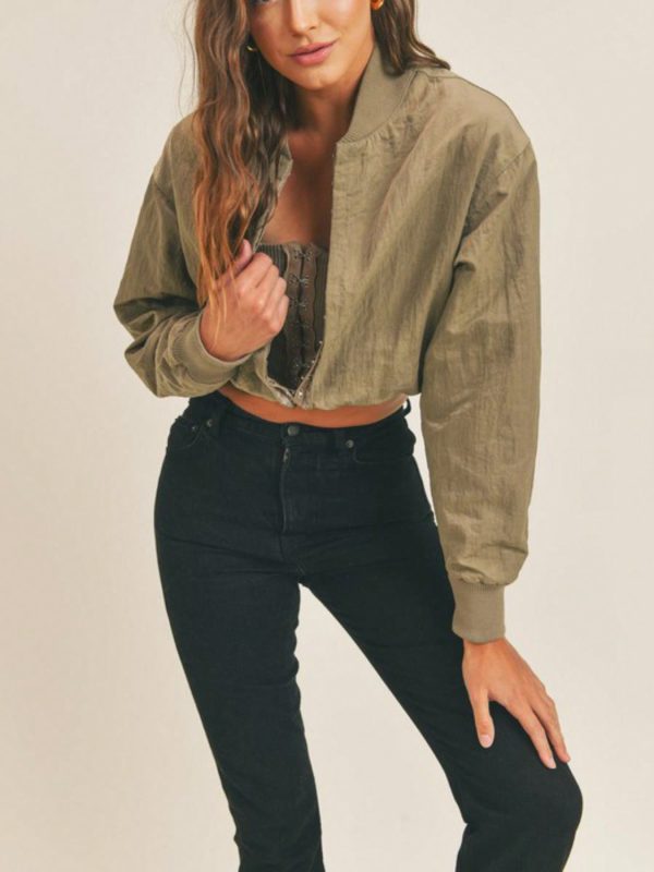 womens casual bomber chic cropped zip up baseball jacket lightweight stand collar long sleeve olive green relaxed fit spring fall streetwear fashion forward outerwear layer daily wear