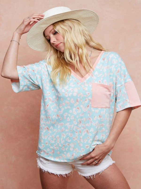 womens casual t shirt relaxed fit leopard print v neck top contrast pocket accent oversized summer blouse vacation beach wear short sleeve turquoise pink pattern daily casual weekend loungewear