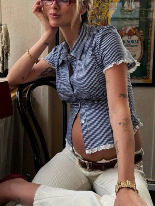women's y2k french inspired slim fit short sleeve blouse with lace trim & striped patchwork breathable summer top, round neck casual chic shirt for casual attire, lace trim detailing, elegant design, delicate lace, stylish women