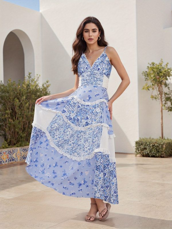 women's floral dress stylish lace patchwork ruffled trim sleeveless spaghetti strap v neck a line long dress for summer