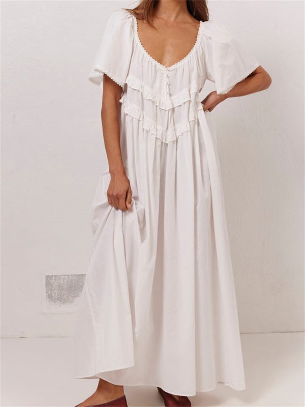 women long dress, elegant short sleeve low cut backless solidu002fplaid loose swing dress