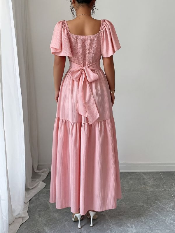 women's new textured fabric a line dress with ruffled sleeves, bow back design, waist hugging, elegant and charming summer date dress