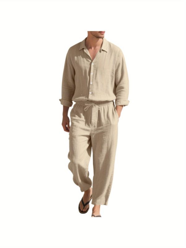 1 set (2 pack) men's button lapel long sleeve shirt and pants set breathable fabric, elastic waistband drawstring perfect for beach vacations, outdoor adventures, summer travel, daily leisure sizes s to xxxl