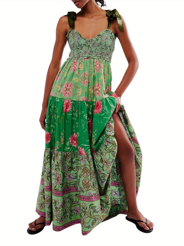 women cami dress floral print tie up shoulder straps sleeveless dress long dress summer big swing a line dress