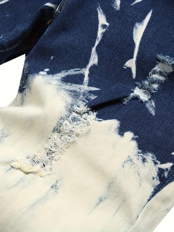 men's streetwear distressed destroyed slim fit straight leg ripped jeans two tone blue & denim pants with built in zipper, all season casual wear, low rise jeans