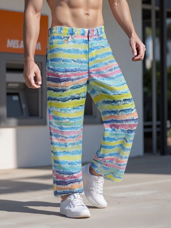 men's colorful striped wide leg denim pants rainbow print mid rise casual jeans with pockets, loose fit button closure, all season comfort for casual attire, comfortable clothing | vibrant striped jeans | nonstretch fabric