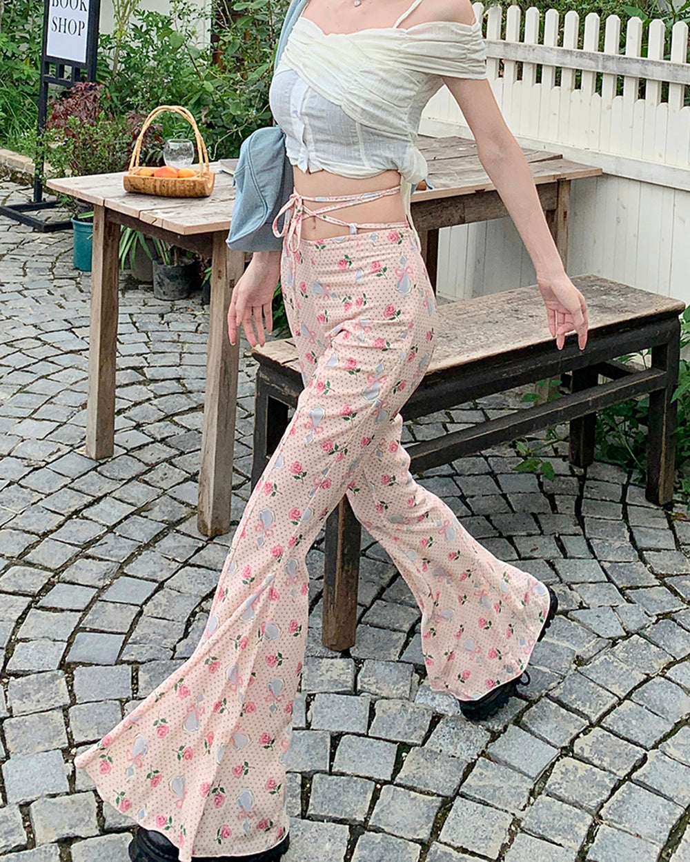 coquette roses & bows flared pants