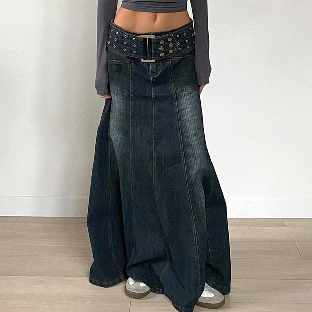 downtown belted denim maxi skirt