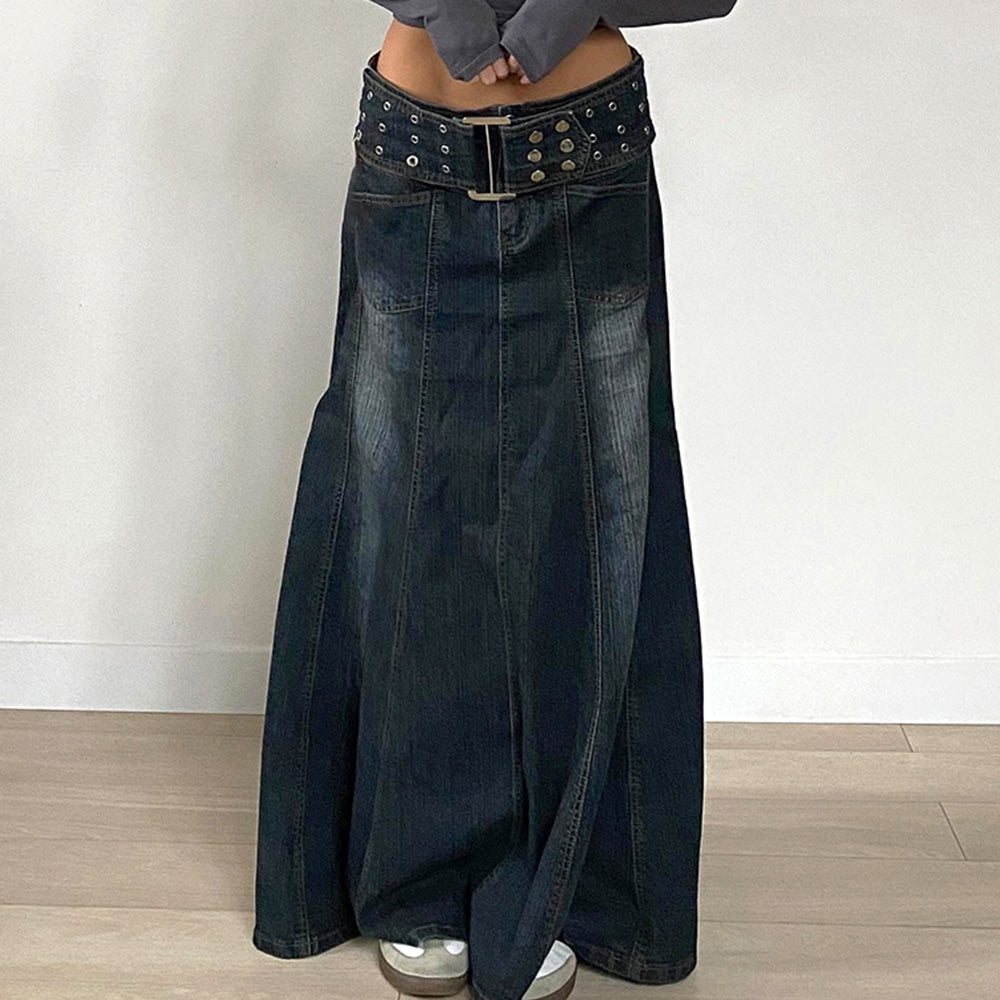 downtown belted denim maxi skirt