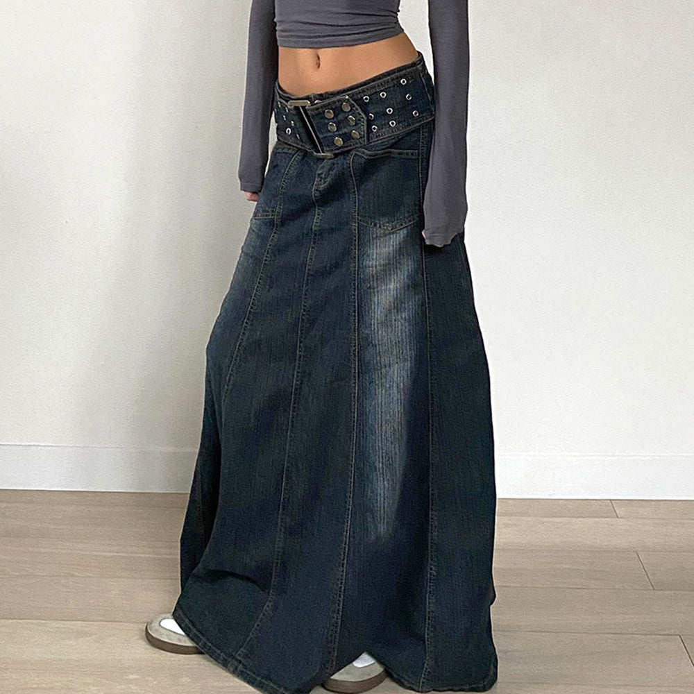 downtown belted denim maxi skirt