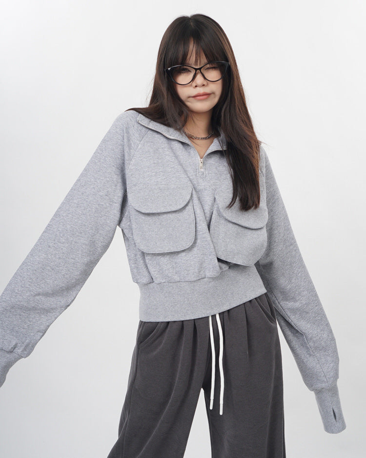 front pockets grey zip up sweatshirt