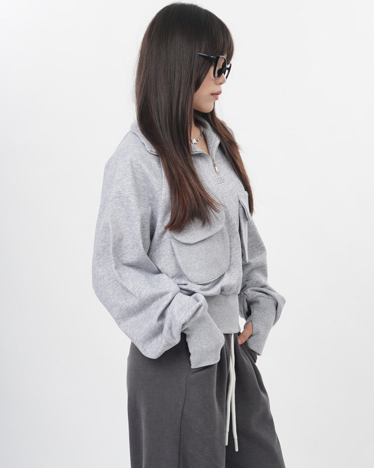 front pockets grey zip up sweatshirt