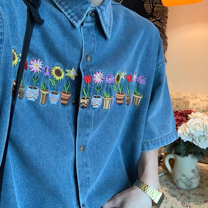 plants & pots embroidery denim shirt